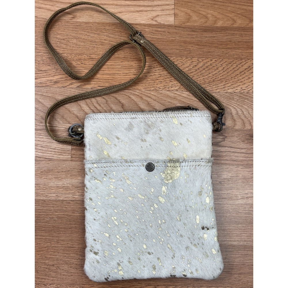 Myra Bag Speckled Leather Crossbody Bag Cream/Gold Cowhide w/ Removable Strap